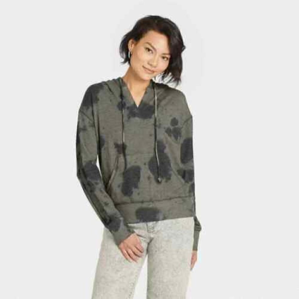 Knox Rose Womens Size Medium Tie Dye Hooded Sweatshirt Hoodie Camo Green Stretch